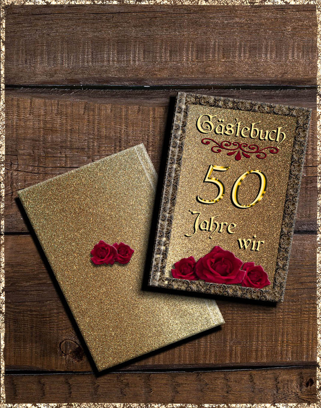 50 Jahre - goldene Hochzeit - Gästebuch Glimmeraltgold mit Rosen